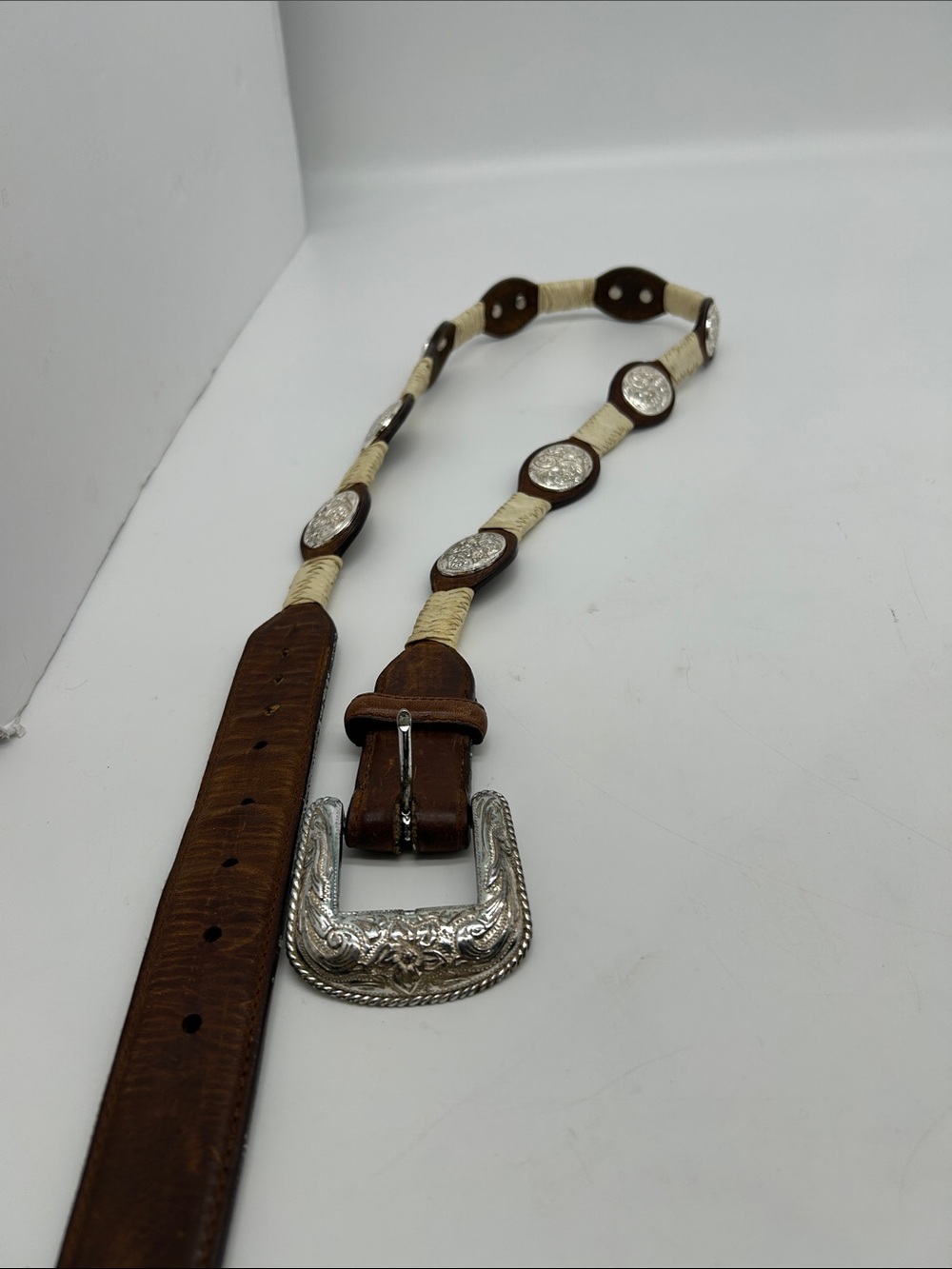 Brown Leather Western-Inspired Unisex Belt with Silver Conchos
